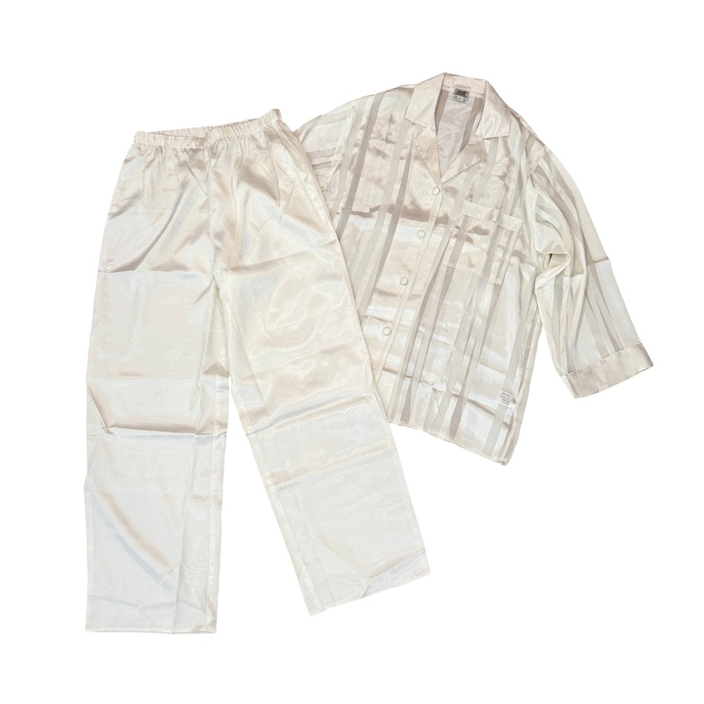 VTG! Alba Moda Pajama Set Striped Button Down‎ Sleepwear White Loungecore 40/42
